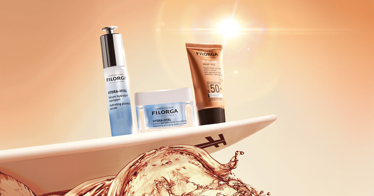 Tres productos Filorga: serum y crema HYDRA HYAL, UV-BRONZE FACE SPF50